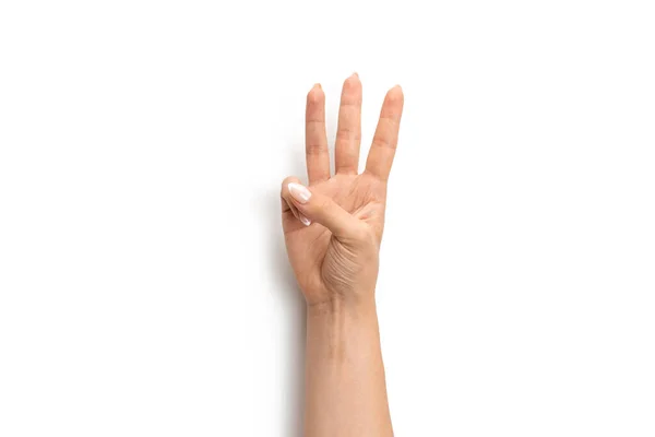 Ręce Góry Kobieta Odizolowana Białym Tle Gest Kobiecego Ramienia Ścieżką — Zdjęcie stockowe