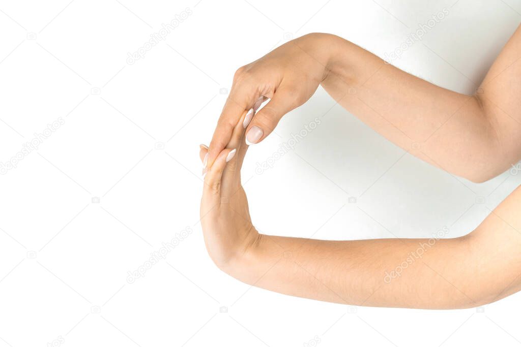 Finger exercise. Female finger charge, stretch therapy for pain wrist protective isolated on white background. Healthy workout exercise. Woman hand massage for carpal tunnel syndrome protection.