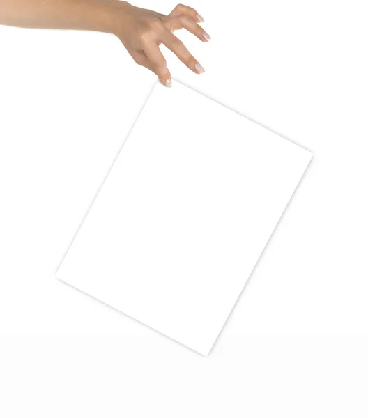 Affärskort mockup. Hand hålla tomt visitkort papper isolerad på vit bakgrund. Banner med kopieringsutrymme. Finger pekar. — Stockfoto