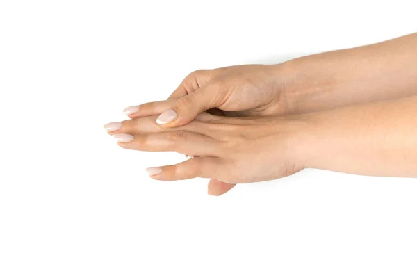 Estirar los brazos. Ejercicio saludable. Masaje de manos de mujer para protección del síndrome del túnel carpiano. Ejercicio de dedo femenino, terapia de estiramiento para el dolor protector de muñeca aislado sobre fondo blanco. — Foto de Stock