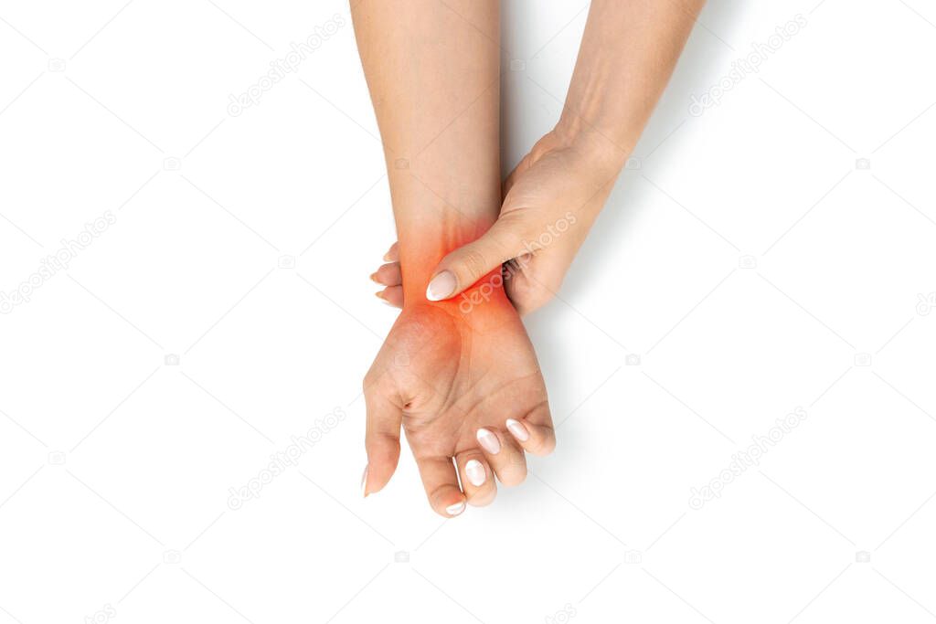 Carpal tunnel. Hand pain in woman injury wrist. Arthritis office syndrome is consequence of computer. Health care isolated on white background.