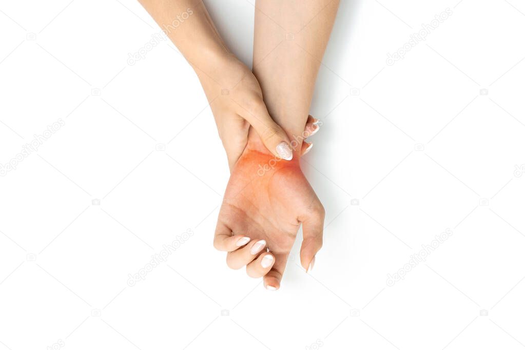 Carpal tunnel syndrome. Hand pain in woman injury wrist. Arthritis office syndrome is consequence of computer. Health care and medical concept.