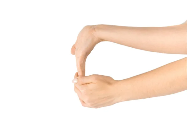 カルパルマッサージ。女性の手療法、カーパルトンネル症候群の保護。女性の指の運動、白い背景に隔離された痛み手首の保護のためのストレッチ療法。健康なヨガ、運動. — ストック写真