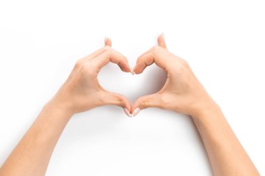 Jest ikonu. Beyaz arka planda tek başına kalmış bir kadın. Kadın kol hareketi. Güzellik ve cilt bakımı, yakın plan, kesim.