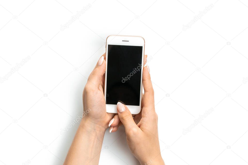 Mobile screen. Cellphone, phone with space for text. Woman holding smartphone in female hand with empty blank screen isolated on white background. Learning online concept.