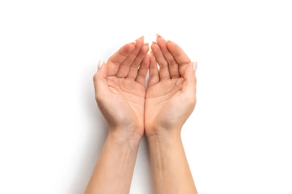 Ręcznie Odizolowane Gest Kobiecej Ręki Kobieta Ręcznie Izolowane Białym Tle — Zdjęcie stockowe