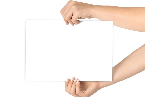Karta Izolovaná Ruka Drží Prázdné Vizitky Papíru Izolované Bílém Pozadí — Stock fotografie