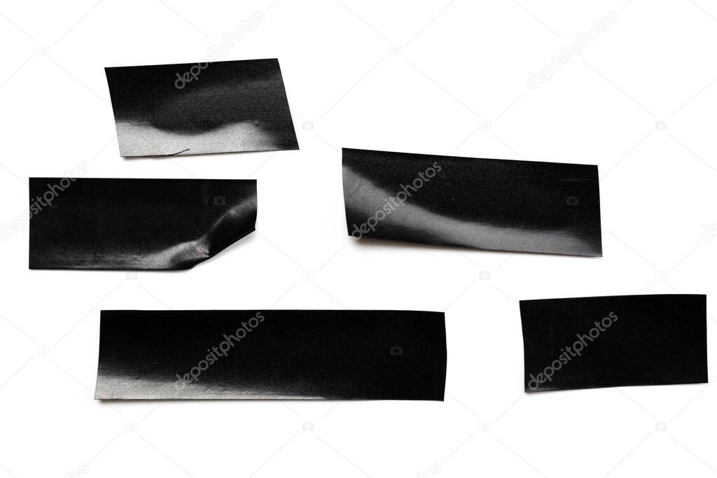 Tape roll. Adhesive paper or black sticky piece scotch isolated on white background. Torn strip grunge texture