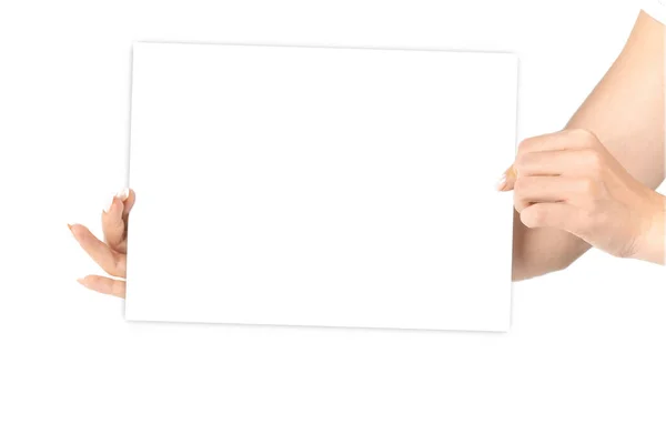 Kvinnligt Handkort Hand Hålla Tomt Visitkort Papper Isolerad Vit Bakgrund — Stockfoto