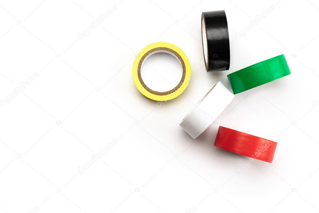 Adhesive sticky paper. Set of colorful duct scotch tape isolated on white background. Torn strip grunge texture
