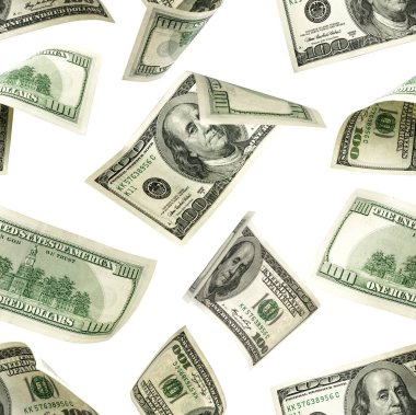 Kusursuz 100 Para yığını. Amerika 'nın yüz doları. Düşen para izole edilmiş, faturalar beyaz arka plan.