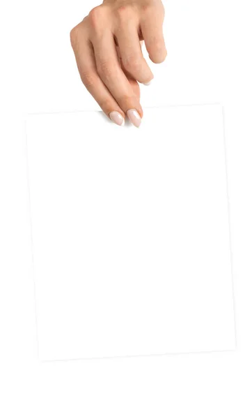 Affärskort mockup. Hand hålla tomt visitkort papper isolerad på vit bakgrund. Banner med kopieringsutrymme. Finger pekar. — Stockfoto