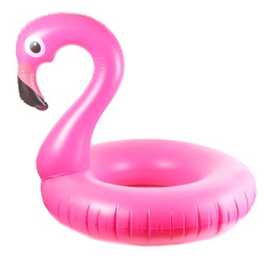 Pembe havuz. Beyaz arka planda izole edilmiş yaz plajı için şişirilebilir flamingo. Havuz havuzu partisi.
