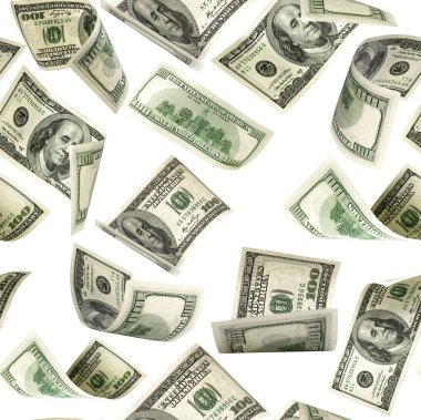 100 dolarlık banknot. Düşen para beyaz arka planda izole edilmiş. Amerikan parası.