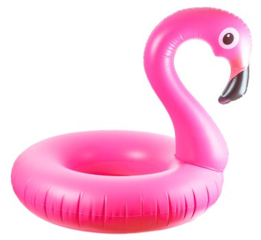 Flamingo baskısı. Beyaz arka planda izole edilmiş yaz plajı için pembe havuz şişirilebilir flamingo. Asgari yaz konsepti.