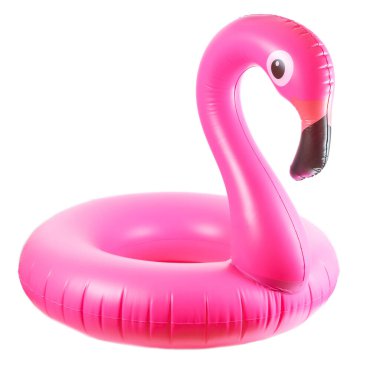Flamingo baskısı. Beyaz arka planda izole edilmiş yaz plajı için pembe havuz şişirilebilir flamingo. Asgari yaz konsepti.
