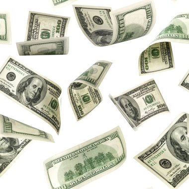 100 dolarlık banknot. Düşen para beyaz arka planda izole edilmiş. Amerikan parası.