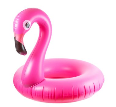 Plaj flamingosu. Beyaz arka planda izole edilmiş yaz plajı için pembe havuz şişirilebilir flamingo. Moda yaz konsepti