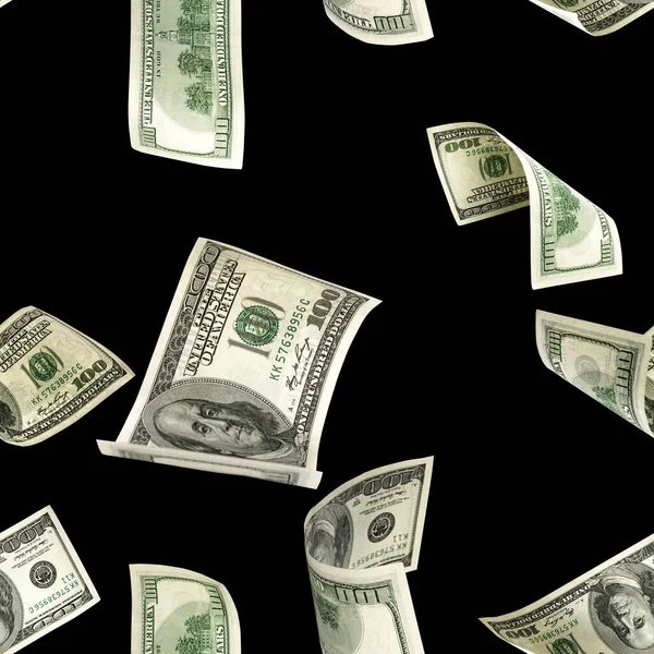 Sto Dolarových Bankovek Padající Peníze Izolované Černém Pozadí Americká Hotovost — Stock fotografie