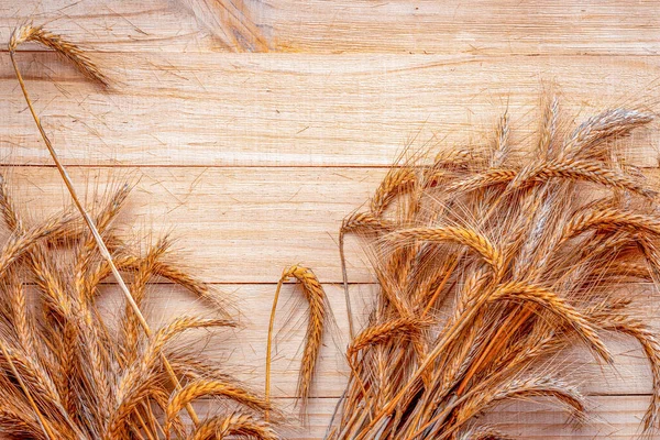 Wheat ear. Whole, barley, harvest wheat sprouts. Wheat grain ear or rye spike plant on wooden texture or brown natural cotton background, for cereal bread flour. Element of design