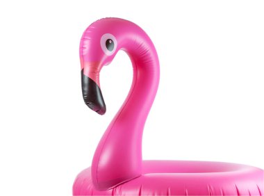 Yaz eğlencesi. Beyaz arka planda izole edilmiş yaz plajı için pembe havuz şişirilebilir flamingo. Lüks yaşam tarzı seyahati