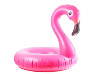 Flamingo baskısı. Beyaz arka planda izole edilmiş yaz plajı için pembe havuz şişirilebilir flamingo. Asgari yaz konsepti