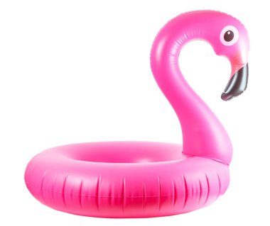 Flamingo baskısı. Beyaz arka planda izole edilmiş yaz plajı için pembe havuz şişirilebilir flamingo. Asgari yaz konsepti
