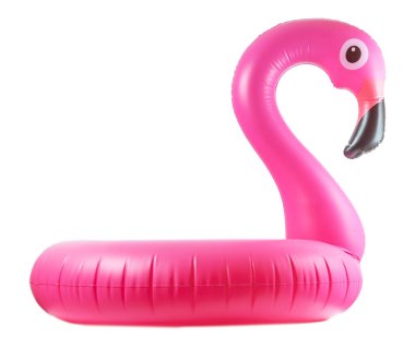 Flamingo ikonu. Beyaz arka planda izole edilmiş yaz plajı için pembe havuz şişirilebilir flamingo. Moda yaz konsepti
