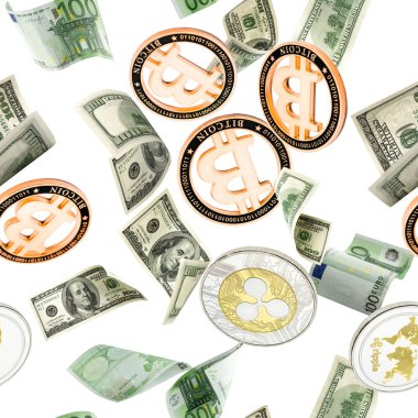 Para akışı kusursuz bir şekilde devam ediyor. Amerikan, Euro Banknote parası. Bitcoin Kripto para birimi beyaza izole edildi