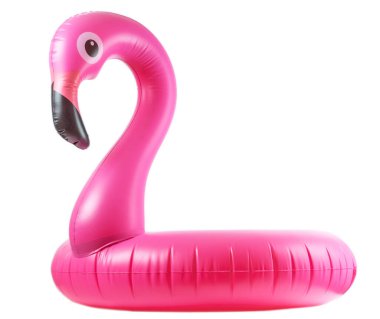 Yaz eğlencesi. Beyaz arka planda izole edilmiş yaz plajı için pembe havuz şişirilebilir flamingo. Lüks yaşam tarzı seyahati