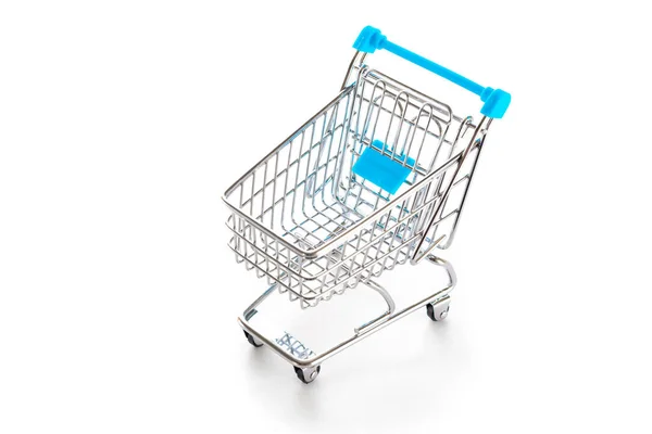 Products cart. Food shopping basket for retail market. Empty trolley cart for supermarket isolated on white background. Creative idea for shopping online, summer sale, supermarket. — Stock Photo, Image