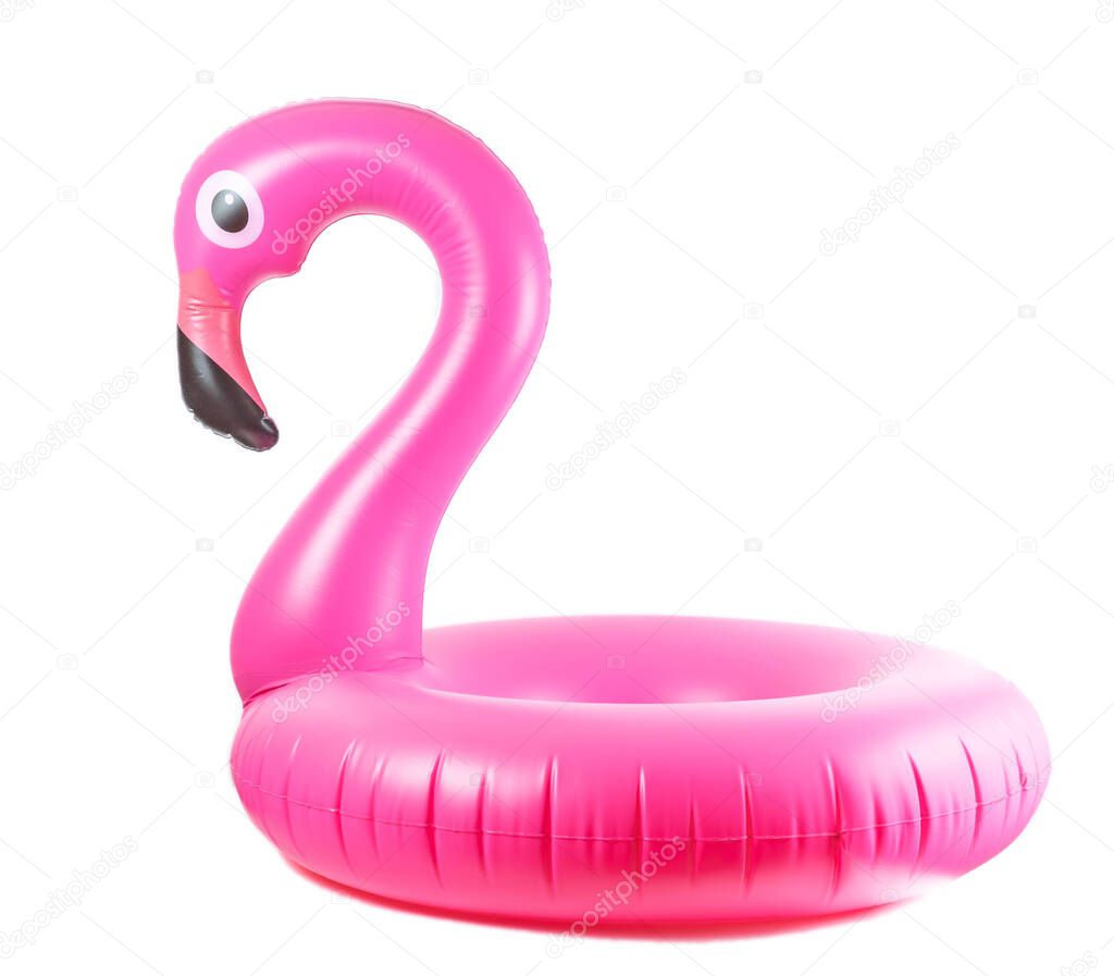Summer fun isolated. Pink pool inflatable flamingo for summer beach isolated on white background. Funny bird toy for kids