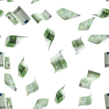 Avro parası nakit akışı. Avrupa banknotları beyaz arka planda izole edilmiş pürüzsüz desen