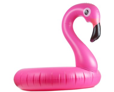 Flamingo baskısı. Beyaz arka planda izole edilmiş yaz plajı için pembe havuz şişirilebilir flamingo. Asgari yaz konsepti