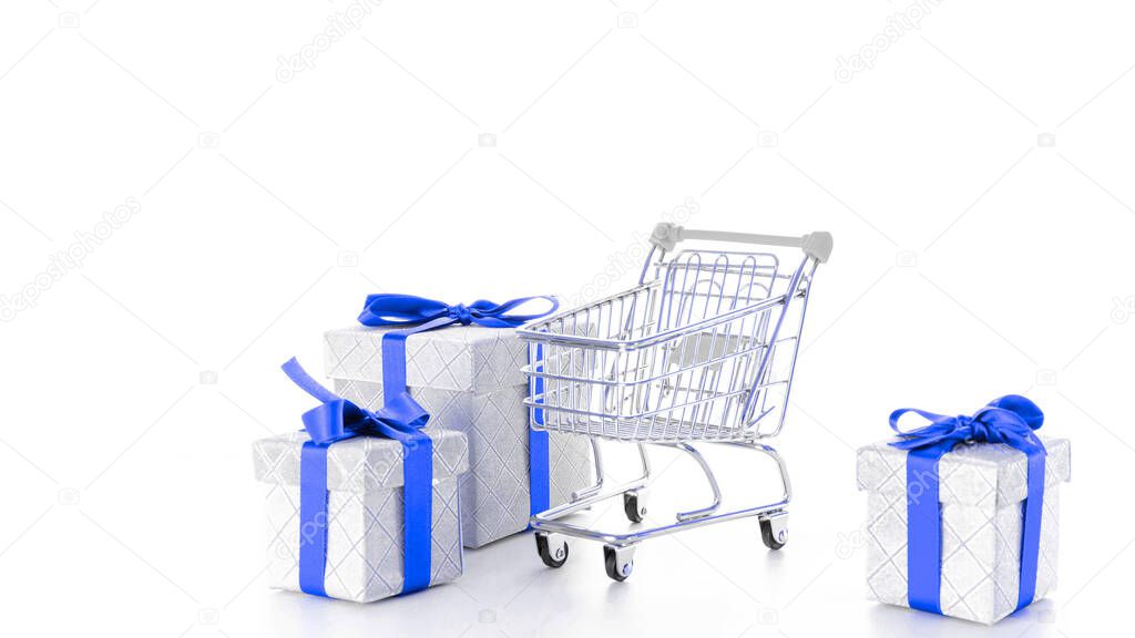 Gift box isolated. Trolley cart for supermarket with christmas or birthday gift box isolated on white background. Sale, discount, shopaholism concept. Consumer society trend