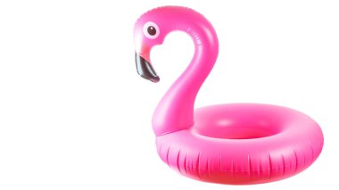 Flamingo baskısı. Beyaz arka planda izole edilmiş yaz plajı için pembe havuz şişirilebilir flamingo. Asgari yaz konsepti