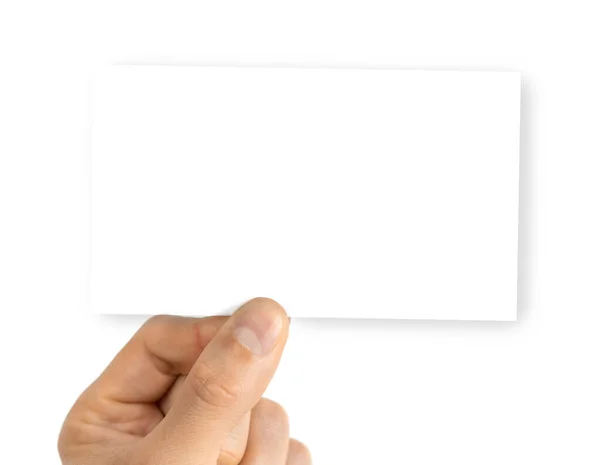 Handen Håller Blankt Visitkort Hand Hålla Tomt Visitkort Papper Isolerad — Stockfoto
