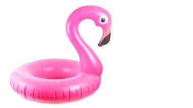 Flamingo baskısı. Beyaz arka planda izole edilmiş yaz plajı için pembe havuz şişirilebilir flamingo. Asgari yaz konsepti