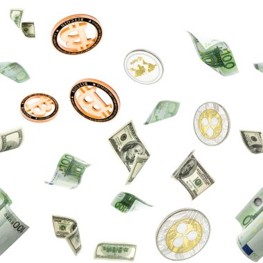Dolarsız şablon faturası. Washington Amerikan parası, Euro, Bitcoin Kripto para birimi beyazın üstüne düşüyor. Kullanıcı para arkaplanı
