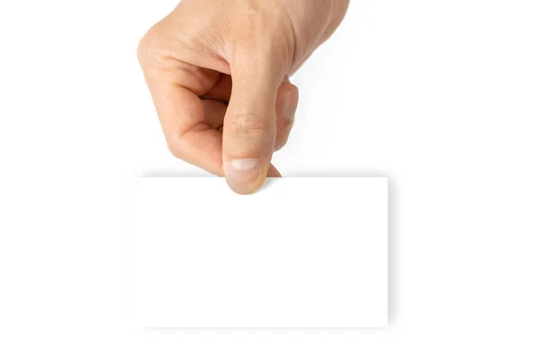 Порожня Біла Картка Рука Тримає Порожню Візитку Ізольовану Білому Тлі — стокове фото