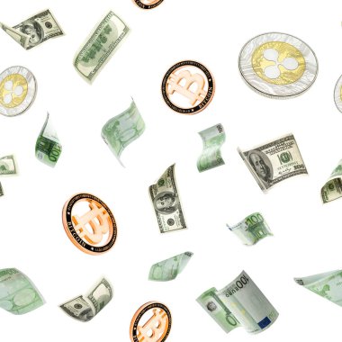 Banknote Avrupa nakit akışı kusursuz. Düşen Amerikan Doları, beyaza Bitcoin parası. Kripto para birimi iş geçmişi