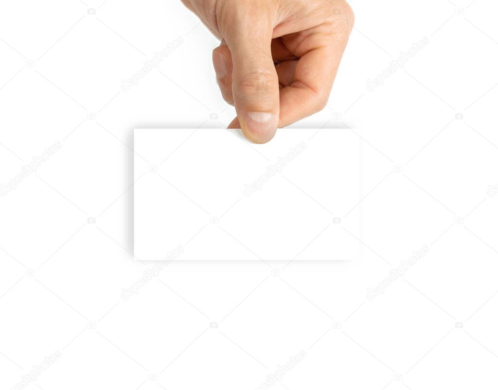 Business card hand. Hand holding blank business paper card isolated on white background. Empty template with clipping path