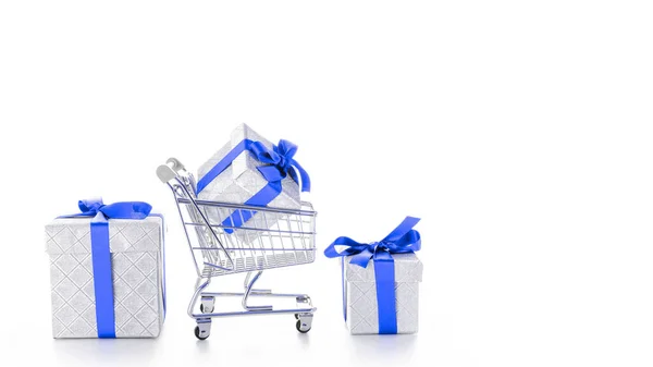 Compras Navidad Carro Carro Para Supermercado Con Navidad Caja Regalo — Foto de Stock