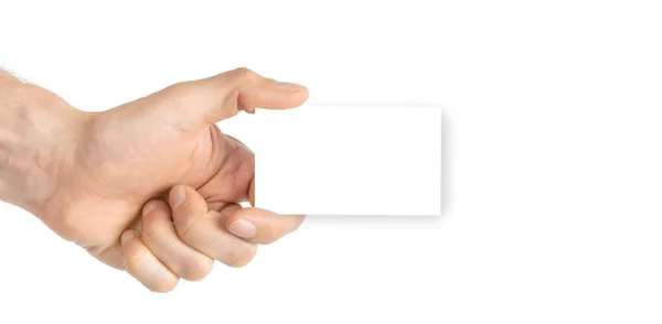 Een Handkaart Hand Houden Blanco Visitekaartje Geïsoleerd Witte Achtergrond Lege — Stockfoto