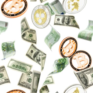 Amerikan doları kusursuz desen. Amerikan parası, Euro Bitcoin 'in para kaybetmesi. İzole edilmiş yüz dolar uçuyor.