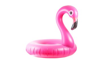 Flamingo baskısı. Beyaz arka planda izole edilmiş yaz plajı için pembe havuz şişirilebilir flamingo. Asgari yaz konsepti.