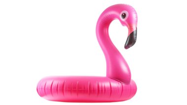 Flamingo ikonu. Beyaz arka planda izole edilmiş yaz plajı için pembe havuz şişirilebilir flamingo. Moda yaz konsepti.