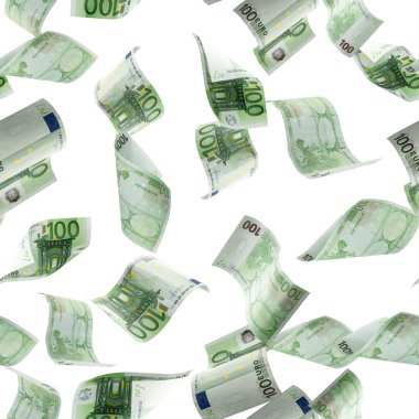 Euro sikkesi kusursuz banknotlar dökülüyor. Beyaz izolasyon geçmişi üzerine Avrupa parası