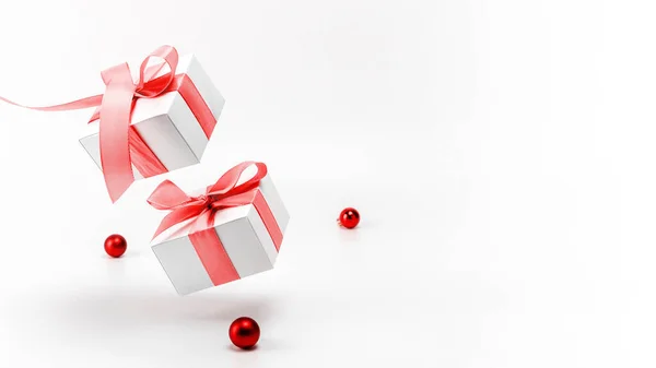 Christmas Sale White Gift Box Red Ribbon New Year Balls — Stock Photo, Image