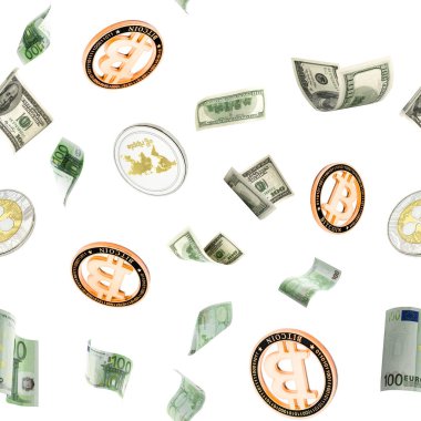 Banknote Avrupa nakit akışı kusursuz. Düşen Amerikan Doları, beyaza Bitcoin parası. Kripto para birimi iş geçmişi